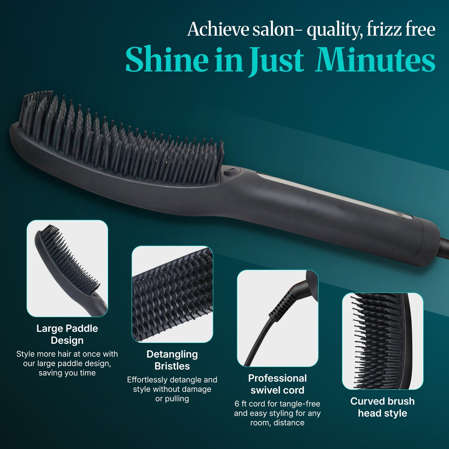 Corded Precision Hair Straightener Brush with PTC Smart-Heat Core, LED Screen, Ion Boost Technology, Up to 430°F, Memory-Save Intelligence, Curved Root Smoother Edge