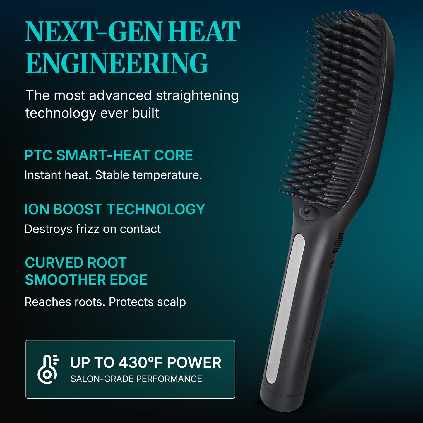 Corded Precision Hair Straightener Brush with PTC Smart-Heat Core, LED Screen, Ion Boost Technology, Up to 430°F, Memory-Save Intelligence, Curved Root Smoother Edge